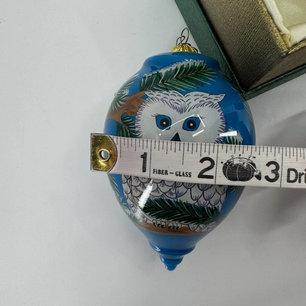 Pier 1 Li Bien Snow Owl Ornament 2015 Hand Painted Glass Blue Christmas Boxed